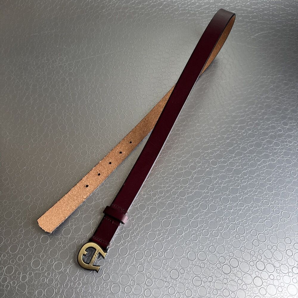 Vintage Etienne Aigner Burgundy Leather Skinny Belt Horseshoe Logo - Size Medium